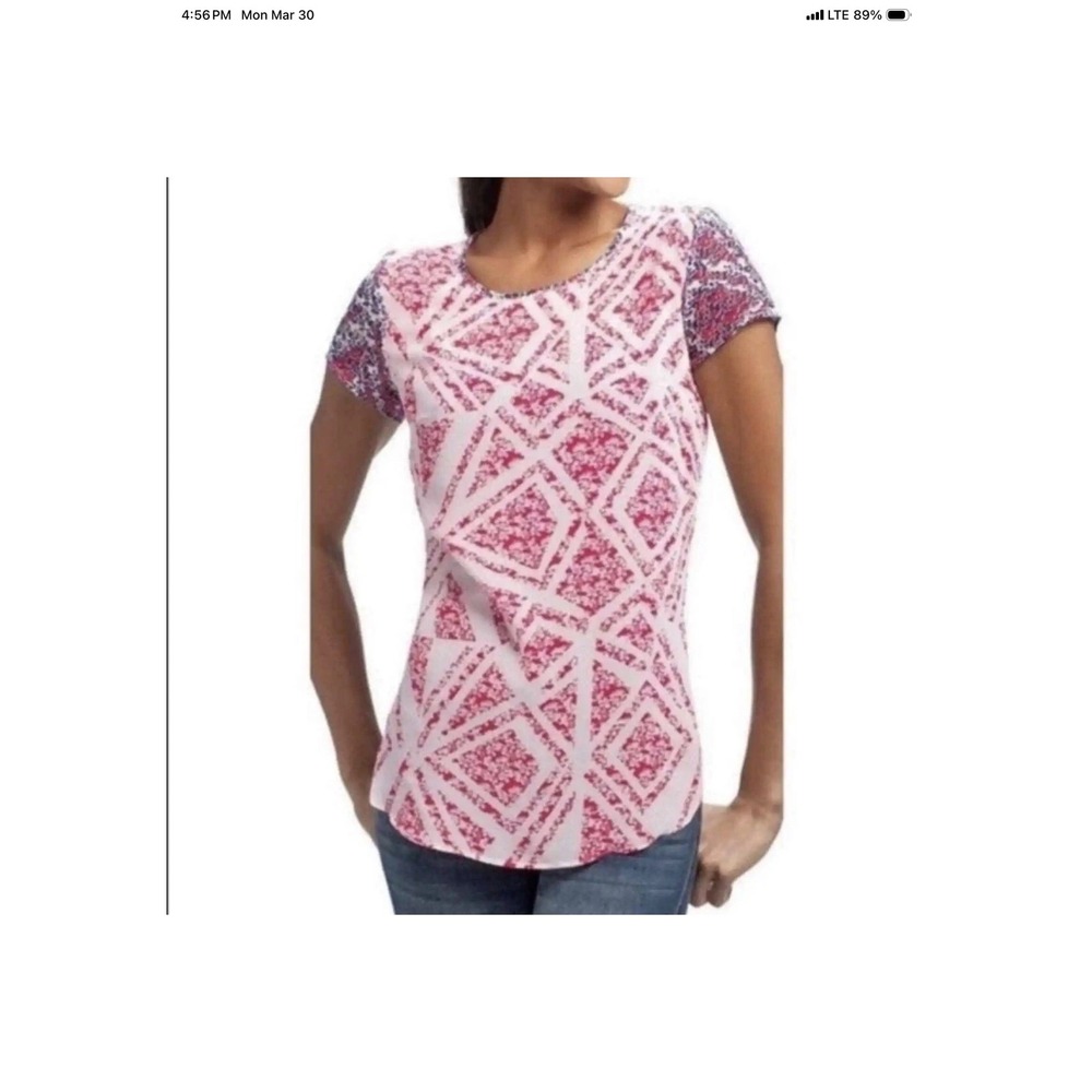 CABI Style #732 COQUETTE TOP Red/White/Blue GEOMETRIC PRINT Chiffon Blouse Sz XS